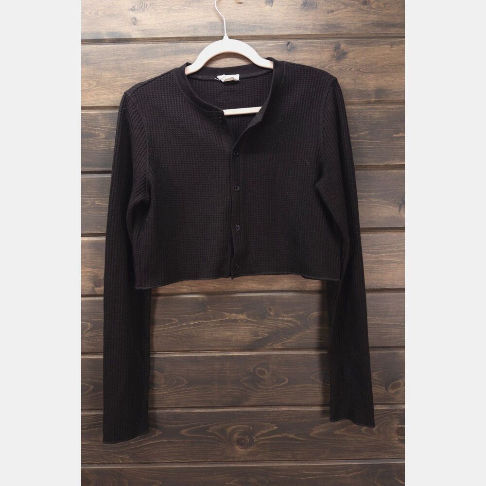 Adanola Brown Waffle Knit Cropped Cardigan US Medium Button Front Long Sleeve